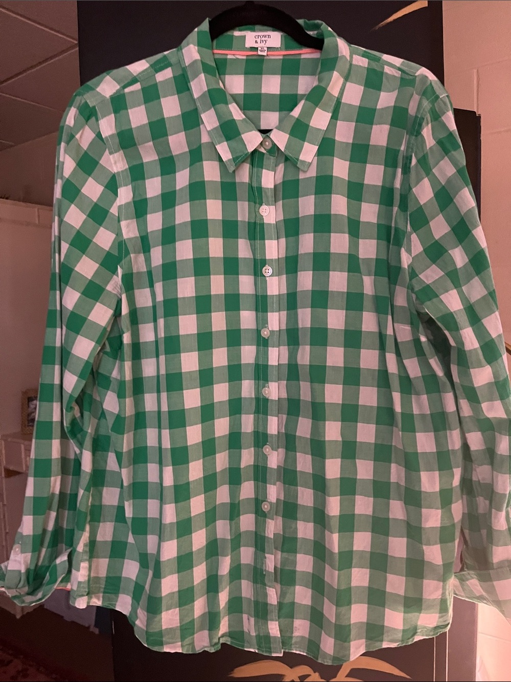 Crown & Ivy  Green and White Gingham Button-Down Shirt
